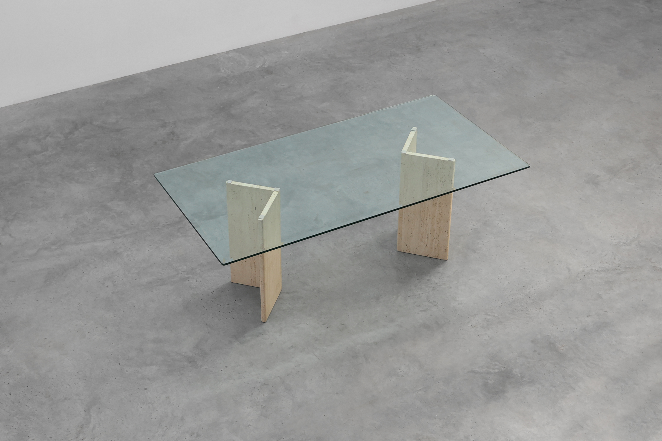 Mid‑Century Italian Dining Table with Glass Top and Travertine Base, 1970sthumbnail